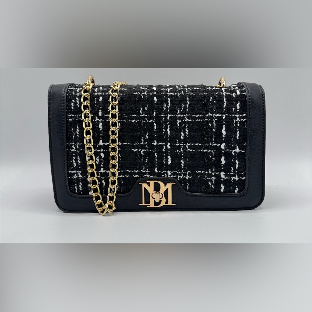 New Badgley Mischka Black and White Tweed Shoulder Bag